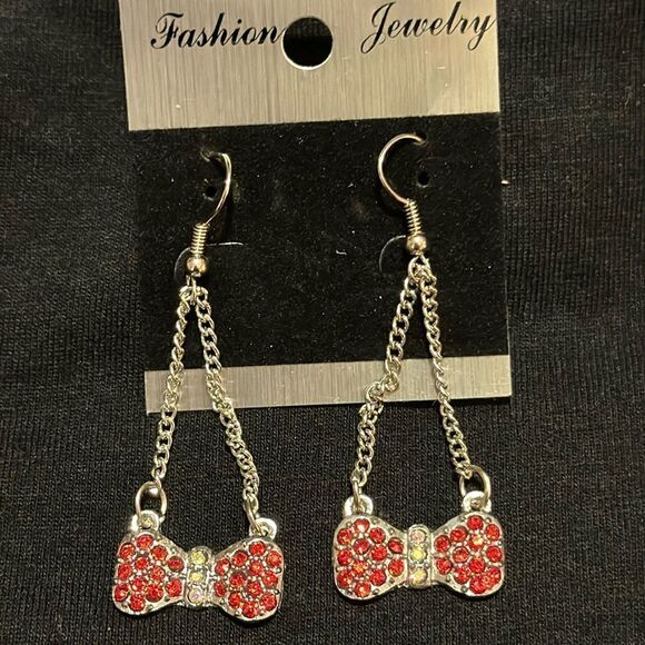 Red rhinestone bow earrings - Picture 5 of 5